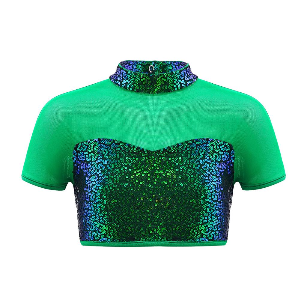 Girls Shiny Sequins Adorned Mock Neckline Short Sleeve Mesh Patchwork Crop Top Cutout Back Dance Top
