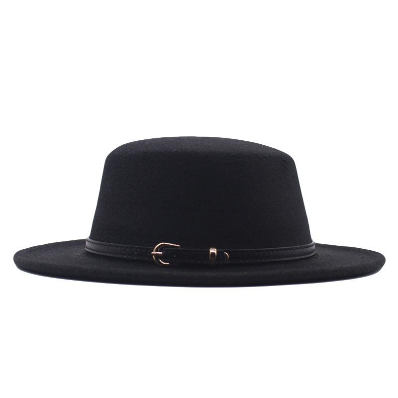 Hat Women's Woolen Top Hat Autumn and Winter Solid Color Retro Gentleman British Style Flat Top Belt Accessories Felt Hat