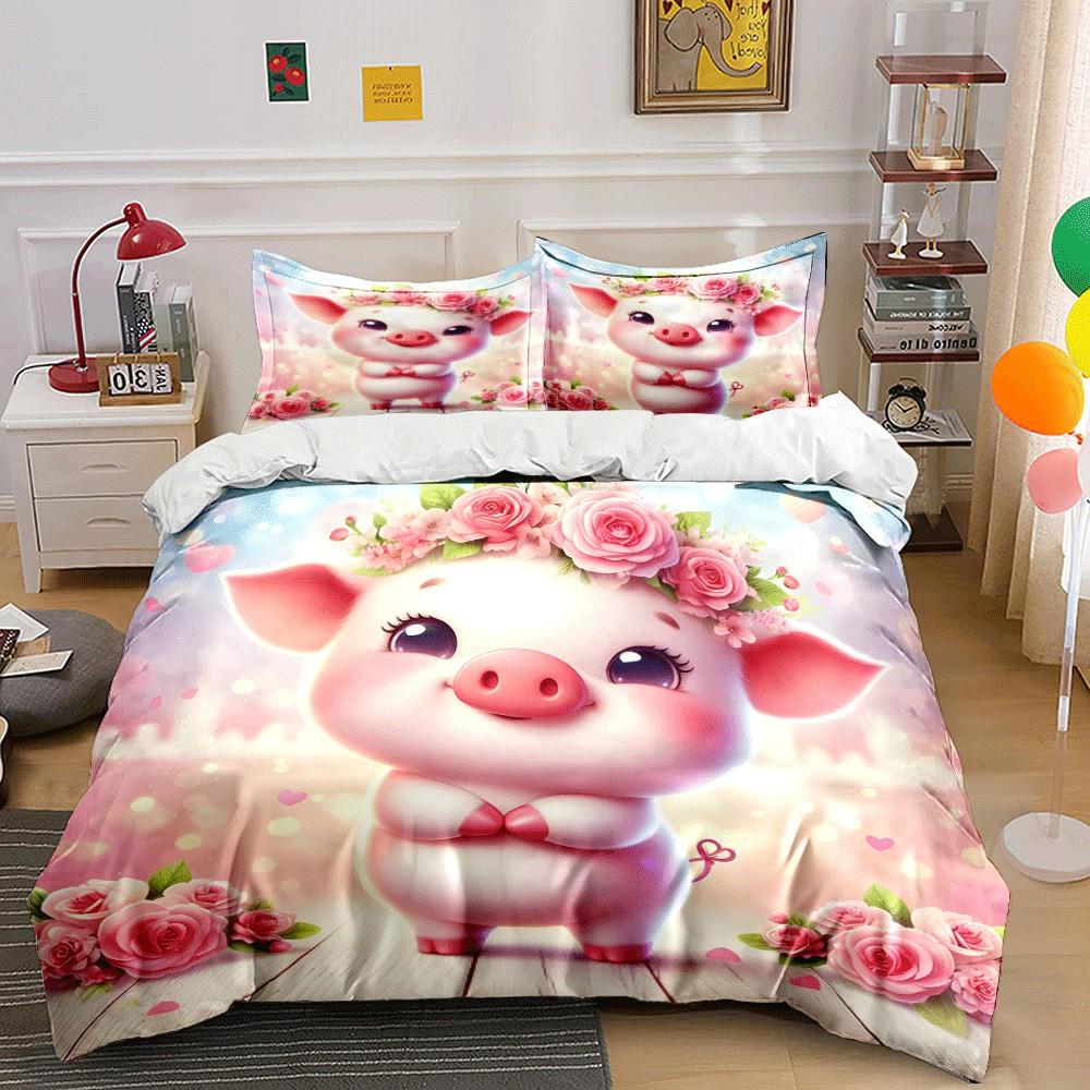 Romantic Floral Pig Themed Set Exquisite Three-Piece Bedding Set Gift For Kids And Adults
