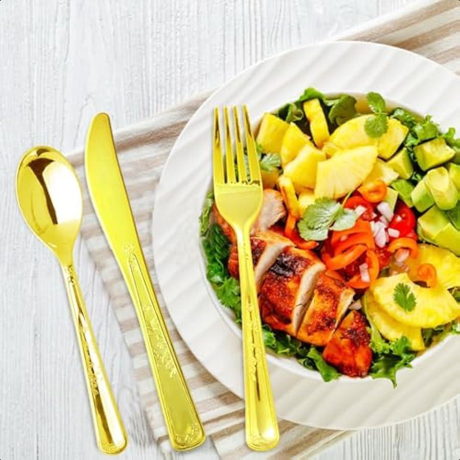 

Набор одноразовых пластиковых столовых приборов золотого и серебряного цвета, 180 штук, включая по 30 штук каждого вида: ножи, вилки и ложки с золотой полировкой, и United States