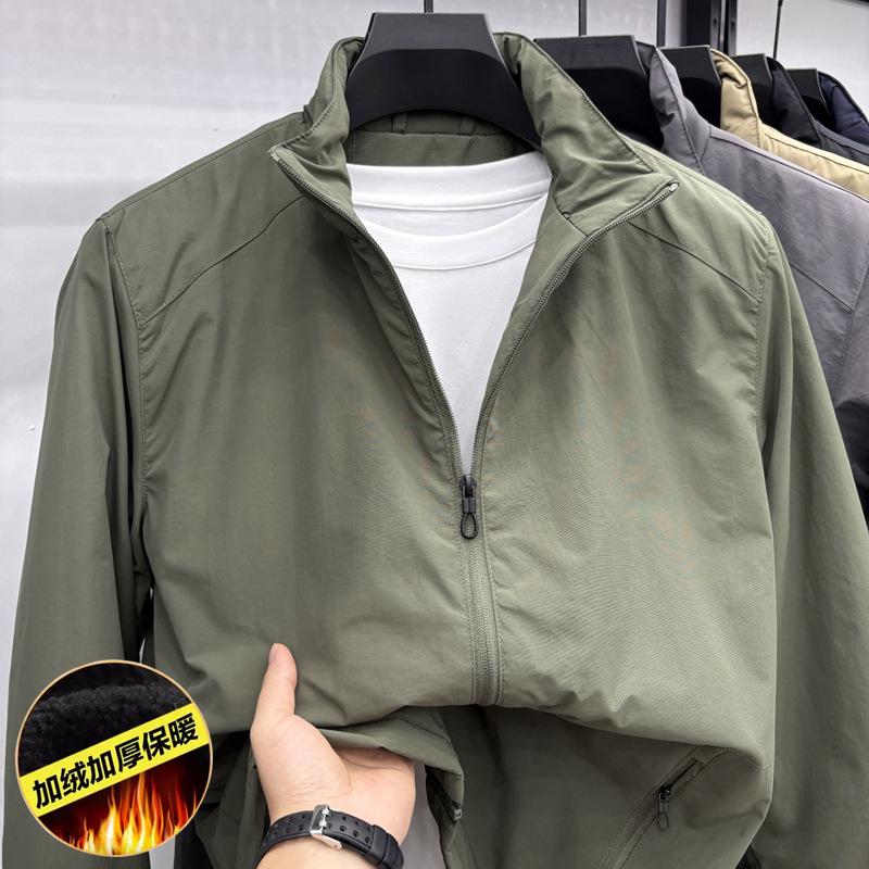 Men's Warm Velvet Jacket - Thick Stand Collar, Windproof, Solid Color Winter Coat for Middle-aged and Young Men.