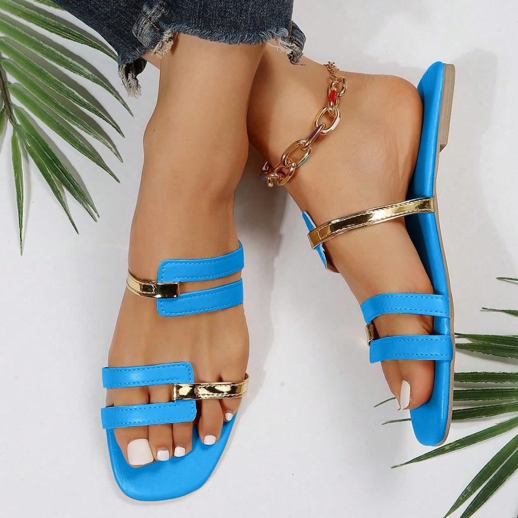 Massage Sandals Women Women'S Flat Soled Fashionable Patchwork Color Square Toe Slippers Fashionable Chaussures Femmes éLéGantes