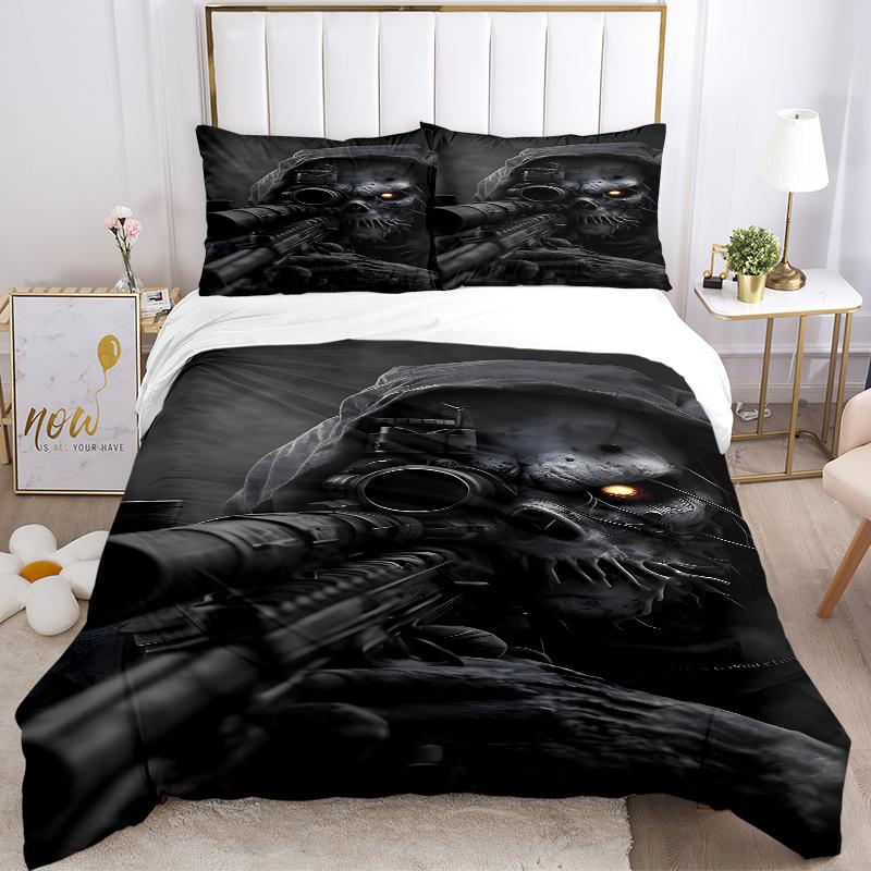 3pcs Skull with Gun Universal Three-Piece Bedding Set-Perfect for Bedroom, Guest Room, Living Room, Hotel Decor-Ideal Gift for Fans, Travele