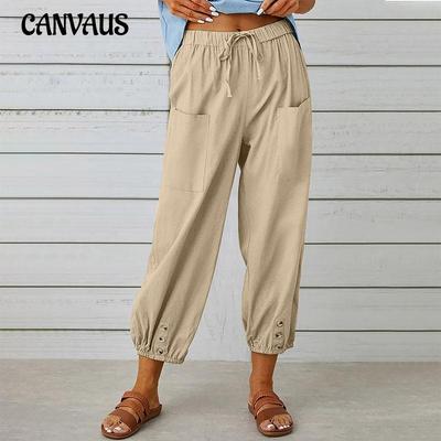 Pantaloni da donna estivi Pantaloni larghi in lino di cotone con bottoni a vita alta Pantaloni a nove quarti Pantaloni da donna a gamba larga
