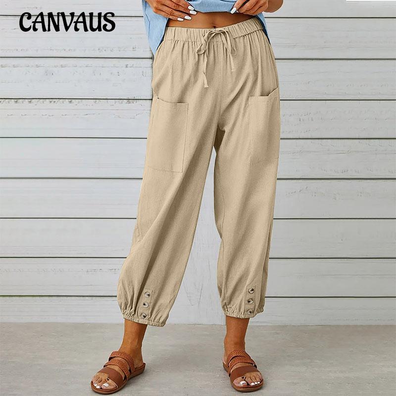 Summer Women Pants High Waist Loose Cotton Linen Nine-Quarter Wide Leg Button Decor Women Trousers
