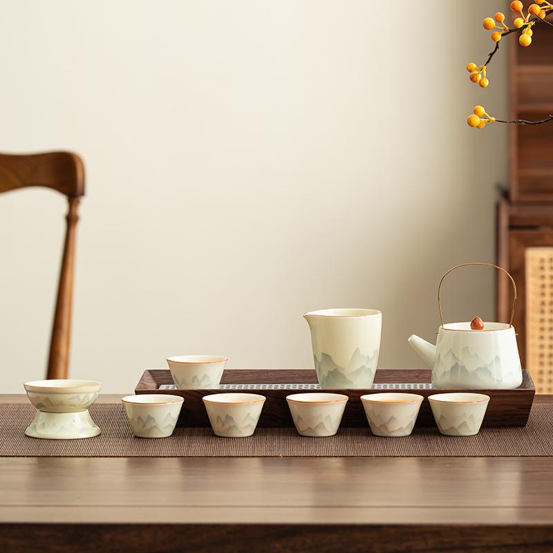 Light luxury national style Ru kiln gift ink landscape tea set kung fu set