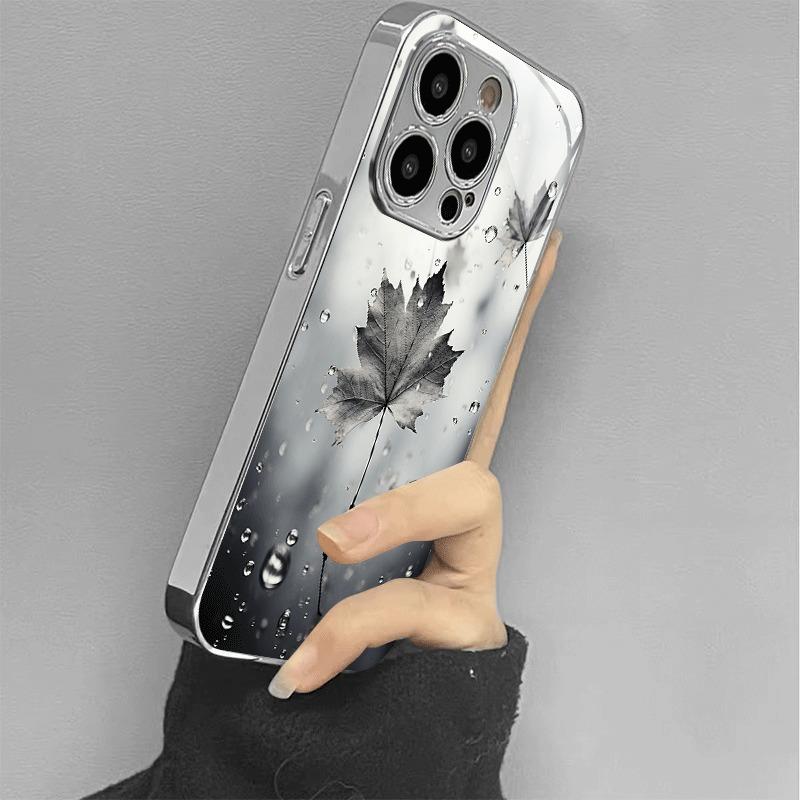 Gray Rainy Maple Leaf Pattern Electroplated Silver Glass Phone Case For iPhone 17 16 15 14 13 12 11 Pro Max Plus 16E 17Air Cover