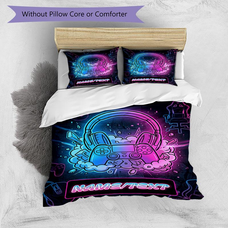 3PC Custom Name Gamer Neon Vibes Bedding Set Printed Bedding Set Duvet Cover Closure Includes 1 Duvet Cover & 52 Pillowcases for Bedroom