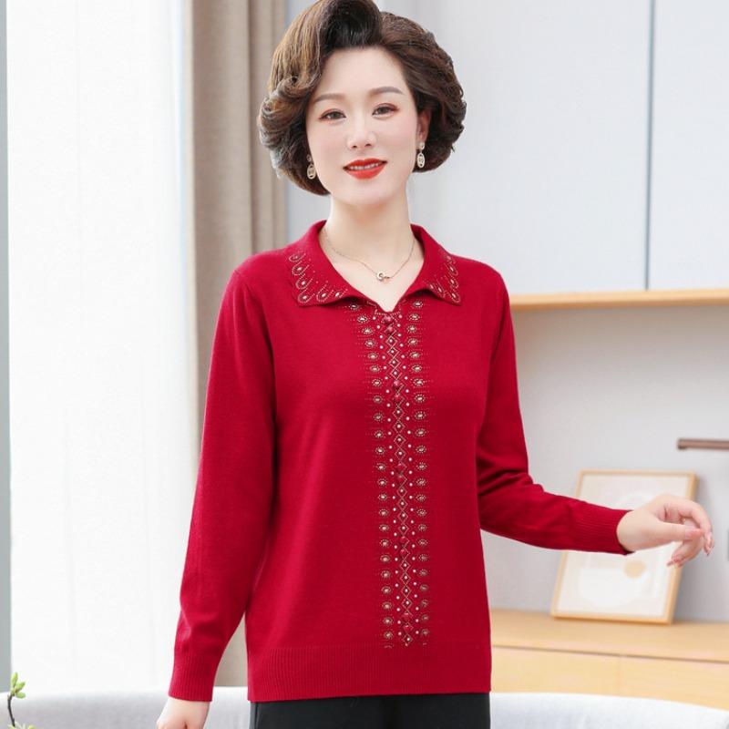 Mom Spring New Long-sleeved T-shirt Casual Age 0 Women's Clothes Medium Women's Spring Lapel Top