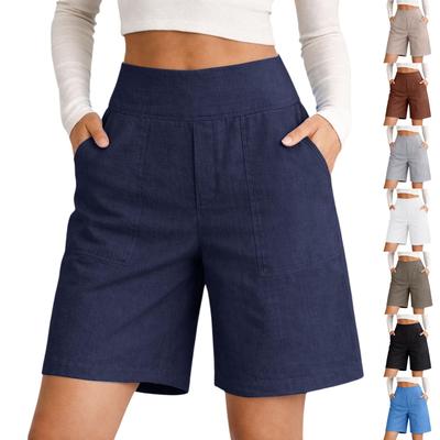 Women's  Color Cotton And Linen Casual Waist Shorts With Pockets And Five Quarter Shorts