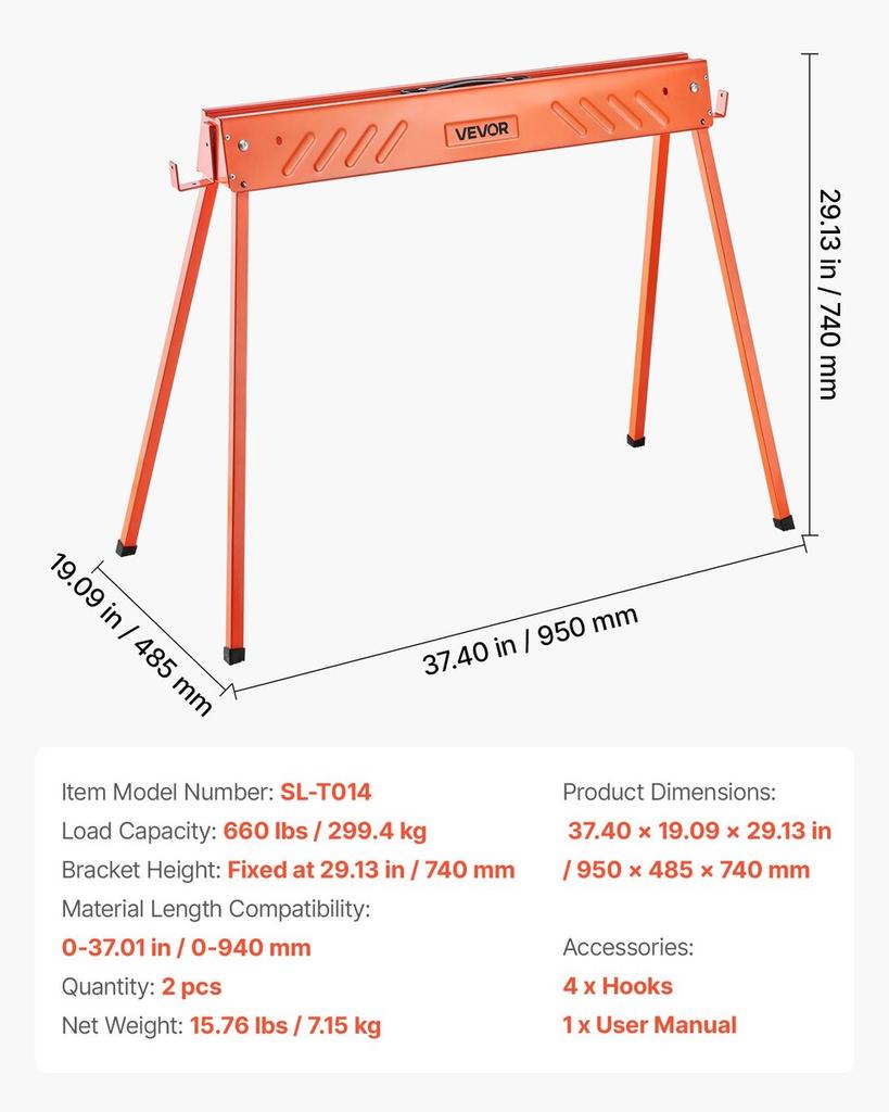Saw Horses, 2 Pack Folding Work Horses, 299.4 Kg Load Capacity Sawhorse with Heavy Duty Legs, All-Metal Portable Saw Horse with Non-Slip Foot Pads,