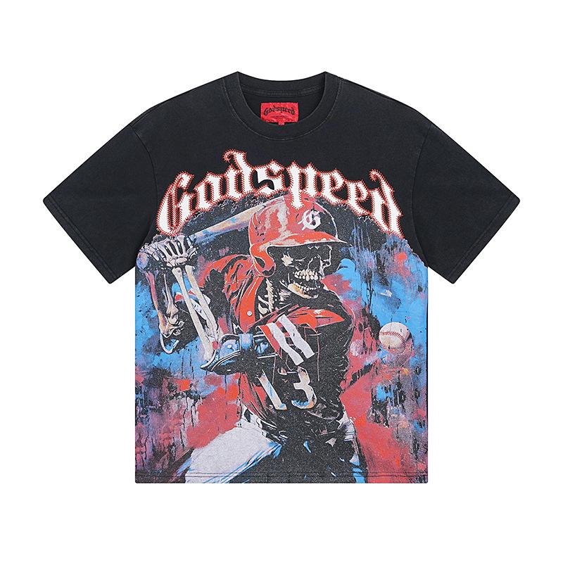 Cross-border trendy brand GS Skull Band Alphabet Printing Washing Water Short Sleeve Loose T-Shirt Men's and Women's High Street Retro Half Sleeve
