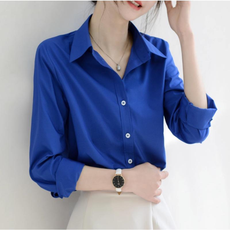 Royal Blue Loose Long Sleeve Turn Down Collar Single Breasted Casual Shirt For Women