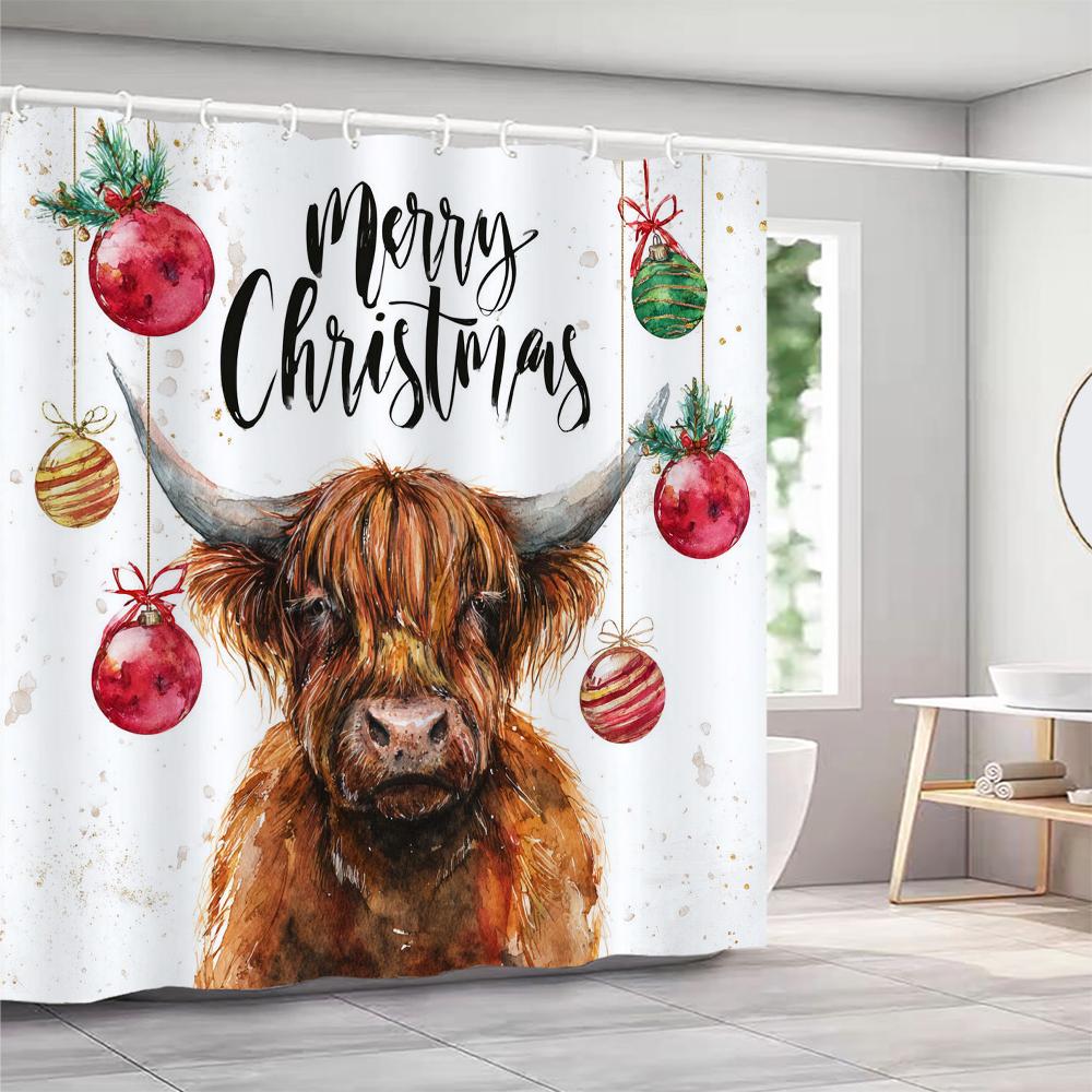 highland cattle Christmas Shower Curtain, Snowflake, Cute, Winter Bathroom Decorative Christmas Shower Curtain, with Hooks