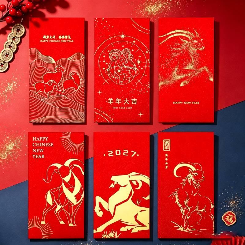 6Pcs Chinese Spring Festival 2027 Goat Year Red Envelopes New Year Money Pockets Hongbao Wedding Party Favors Gifts