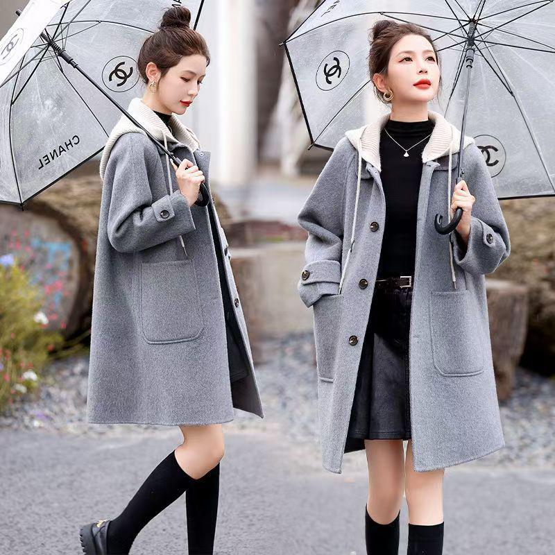 Damen Plus Size Wollmantel mit Kapuze - Mittellang, Lockerer Schnitt, Hochwertiger Casual für Herbst und Winter