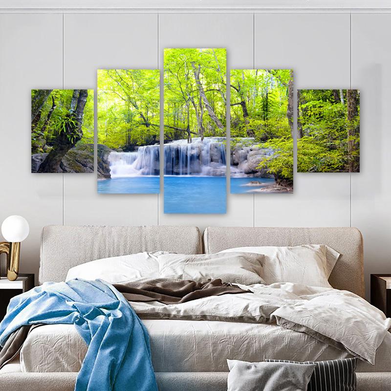 5 Panels Landscape Waterfall Posters and Prints Canvas Painting Wall Art Pictures Living Room Home Decor Lake Tree No Frame