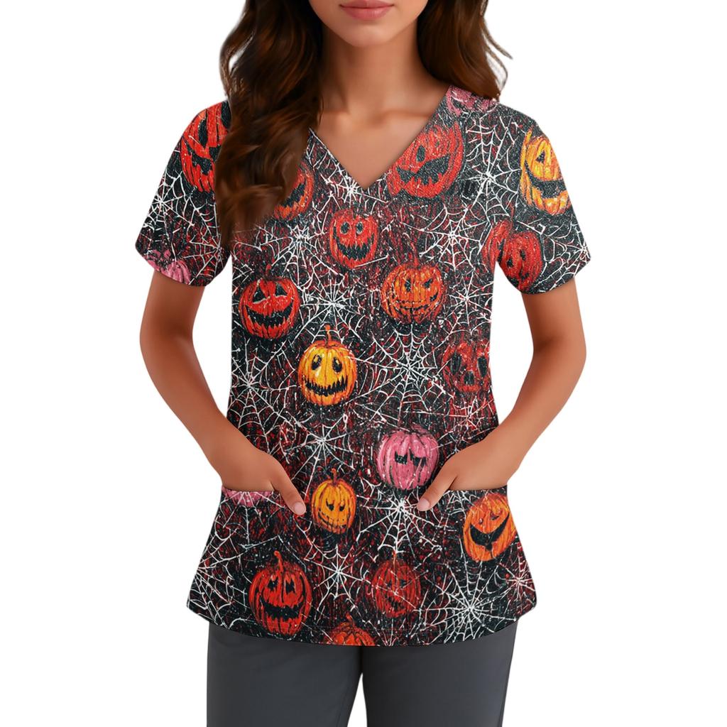 Haut pour femme à col en V et manches courtes avec poches Impression florale d'Halloween Chemise d'uniforme pour infirmière Soins de santé
