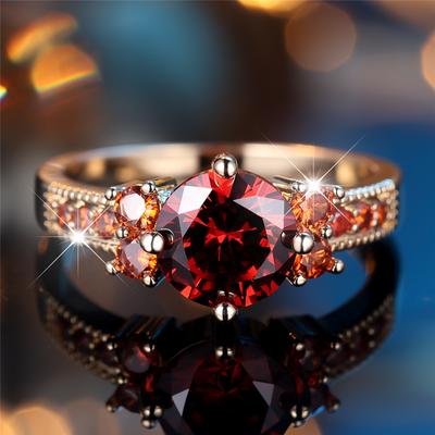 Crystal Female Red Zircon Round Stone Engagement Ring Vintage Gold Color Wedding Bands  For Women Men