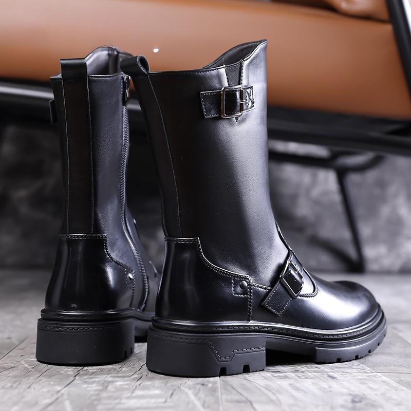 2026Men's Boots High Quality Patent Leather Mid-calf Boots Fashion Motorcycle Boots Men's High-top Knight Boot Botas Para Hombre