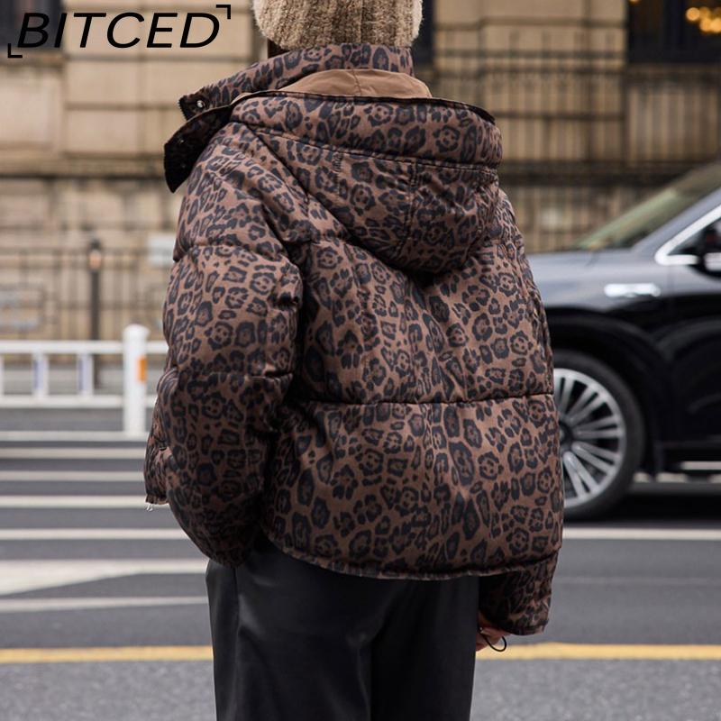 BITCED Short-Length Leopard Print Cotton Jacket for Women with Hood Minimalist Fashion Design, Oversized Fit, Unique Style Cotton Coat