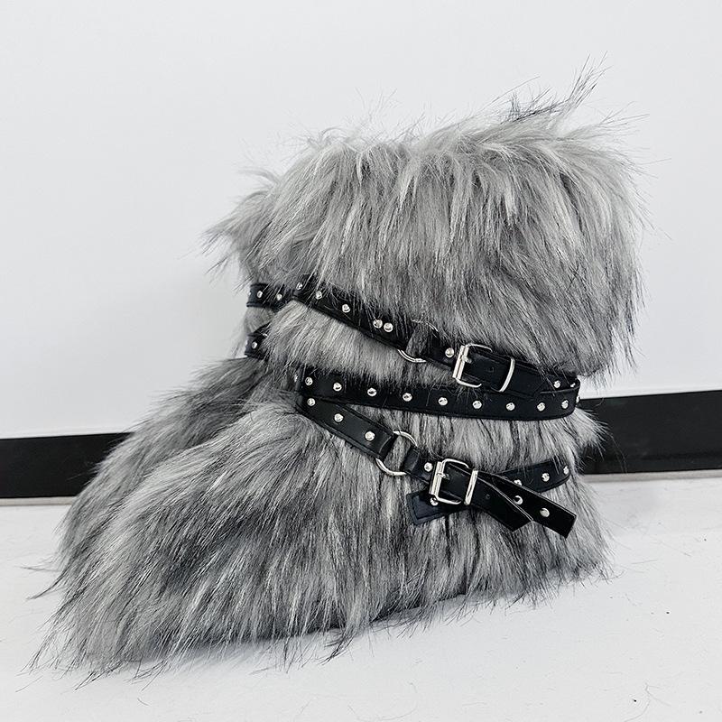 Damen Winterimitat Fuchsfell Stiefel Gürtel Punk Europäisch und Amerikanisch hoher Schaft 40 langer Schaft Schneestiefel Schuhe