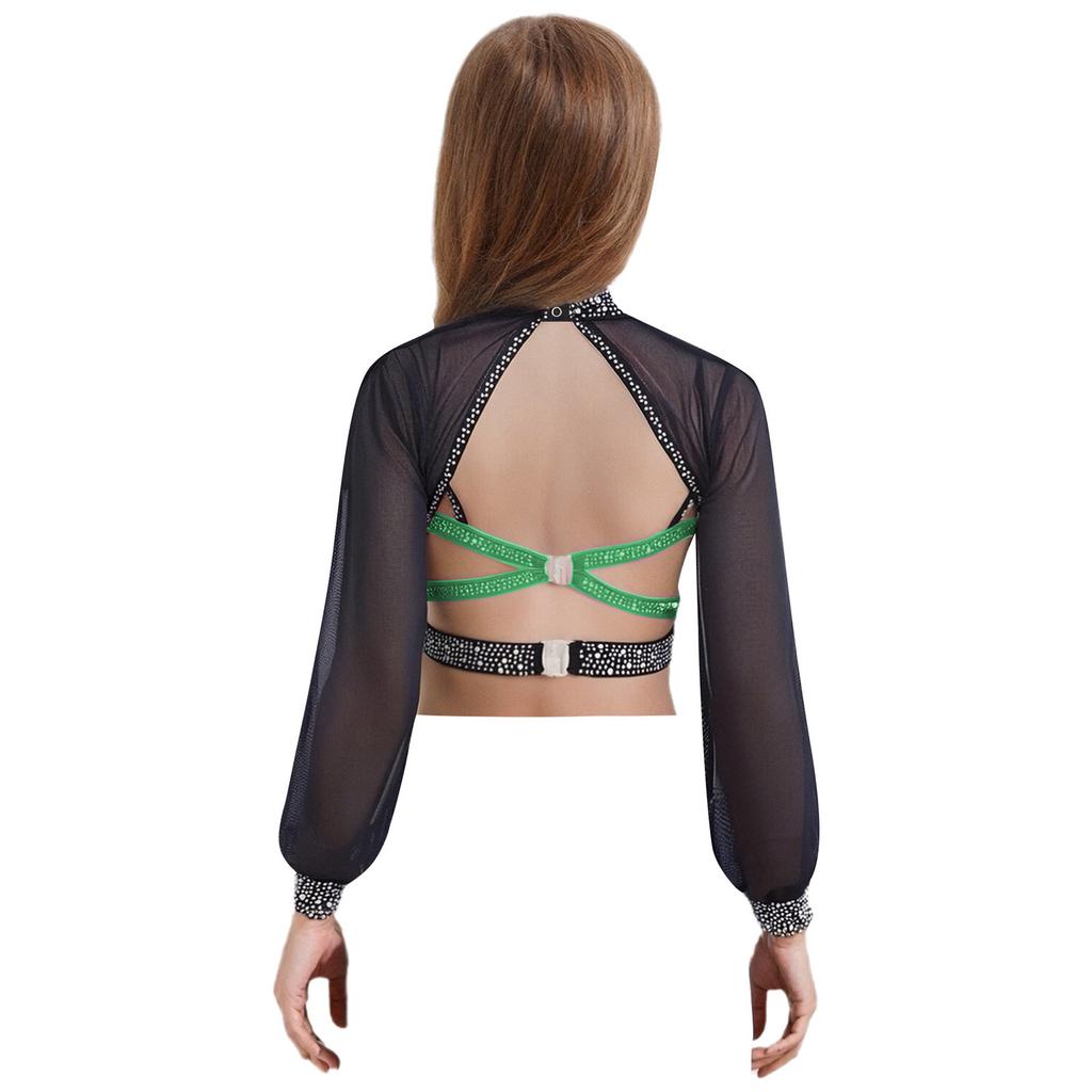 Flickor Dansuppträdande Topp Mock Neck Långärmad Genomskinlig Mesh Utskuren Rygg Axelbandsförsedd Strass Crop Top