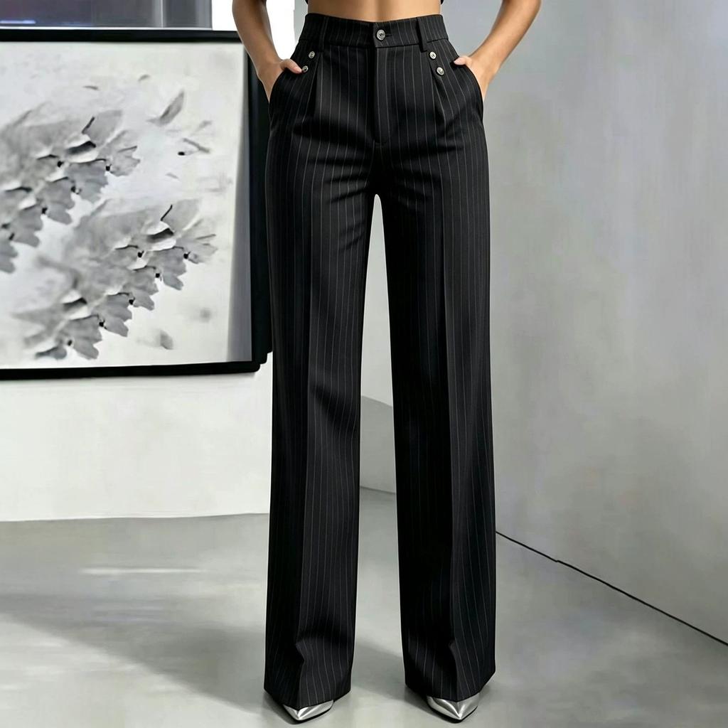 Women's Striped Loose Fit Straight Leg Dress Pants with Pockets and Button Closure for Casual and Wear