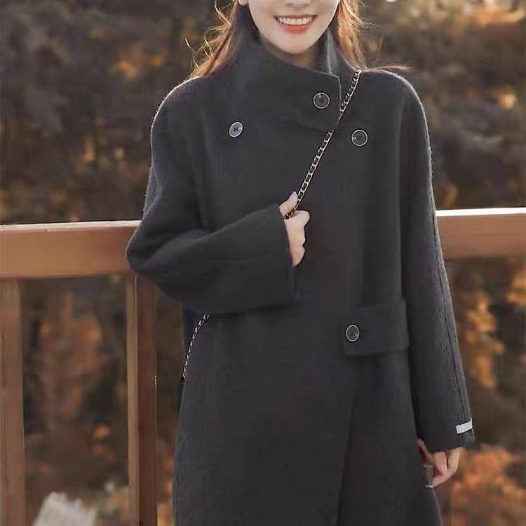 2025 Autumn/Winter Women's Hepburn-Style Stand-Collar Wool Cashmere Overcoat