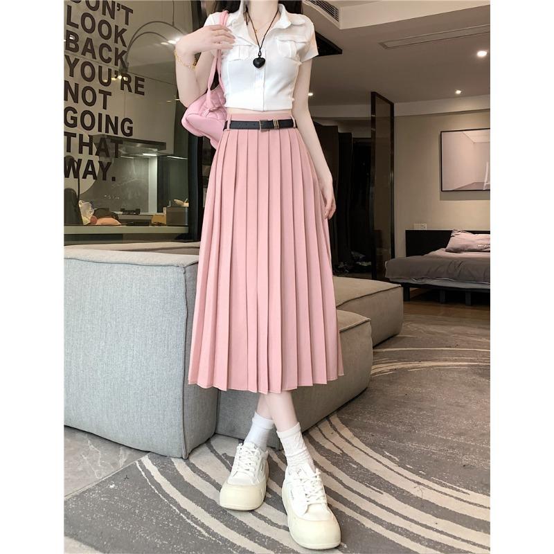 

DX~~Новинка весны, плиссированная полуюбка с высокой талией, женское тонкое платье трапециевидной формы средней длины One size розовый