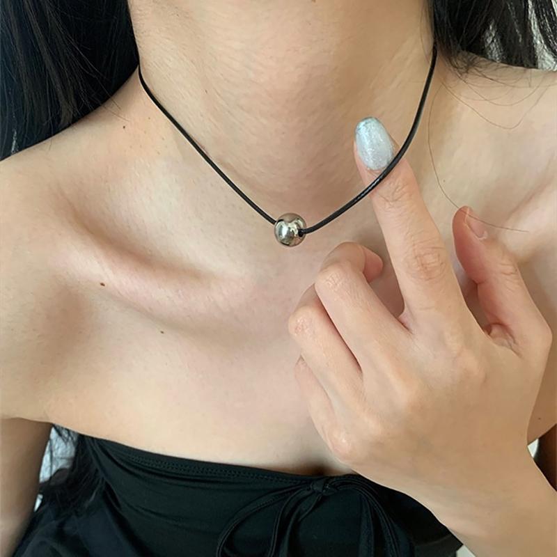 Stylish Titanium Steel Round Ball Charm Necklace Minimalist Waxed Cord Sphere Pendant Necklace Punk Jewelry Gift Women