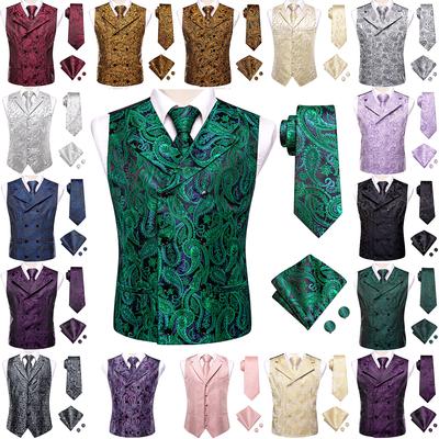 Formální ležérní vesta s kravatou Pánská hedvábná vesta Tuxedo Gilet Hankie manžetové knoflíčky
