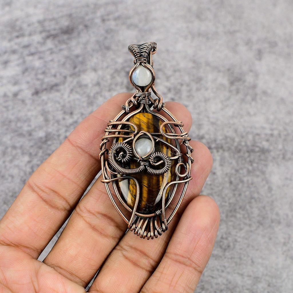 Tiger's Eye & Rainbow Moonstone 999 Copper Wire Wrapped Pendant, Handmade Gemstone Pendant , Gift For Mom Antique Jewelry
