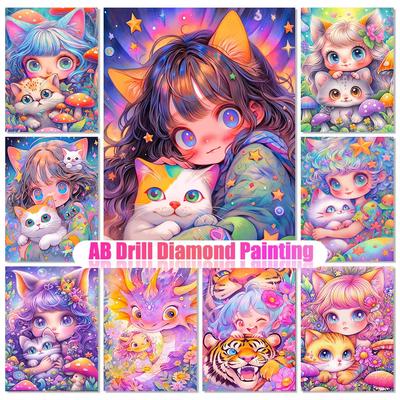 5D DIY Cartoon AB Diamond Painting Cat Girl Full Diamond Mosaic Embroidery Cute Elf Animal Cross Stitch Set Art Home Decoration