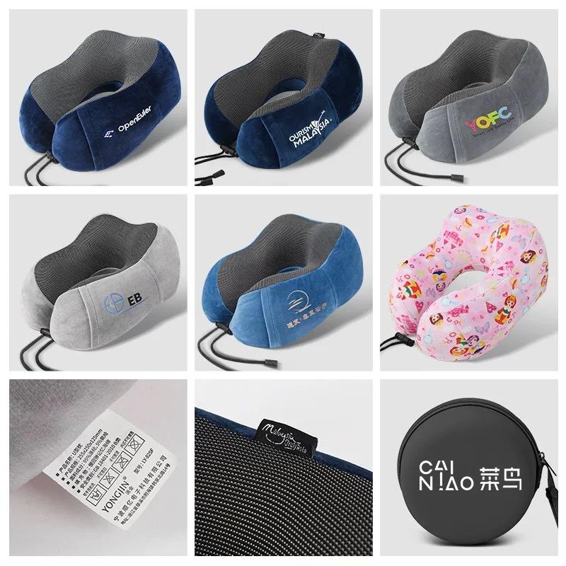 Memory Foam U Shaped Travel Neck Pillow Set for Airplane Car Train Support with Drawstring Bag and