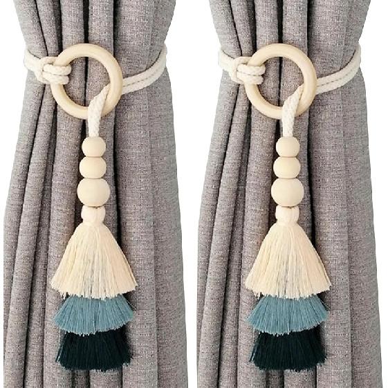 2pcs Wooden Bead Curtain Tiebacks,Bohemian Curtain Clasp,Tassel Curtain Clasp, Curtain Tiebacks No Hole Punching Decorative for Bedroom Window синий