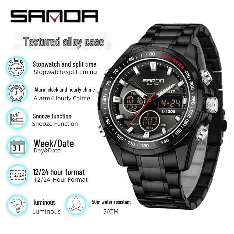 Sanda Men's Waterproof Dual Display Multi-Function Watch with Timer, Snooze, and Night Light.