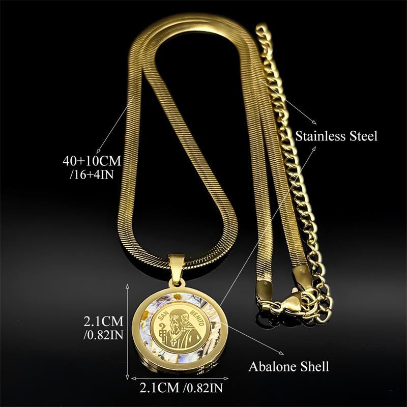 Catholic Saint Benedict Medal Pendant Necklace for Women Men Abalone Stainless Steel Gold Color San Benito Chain Jewelry