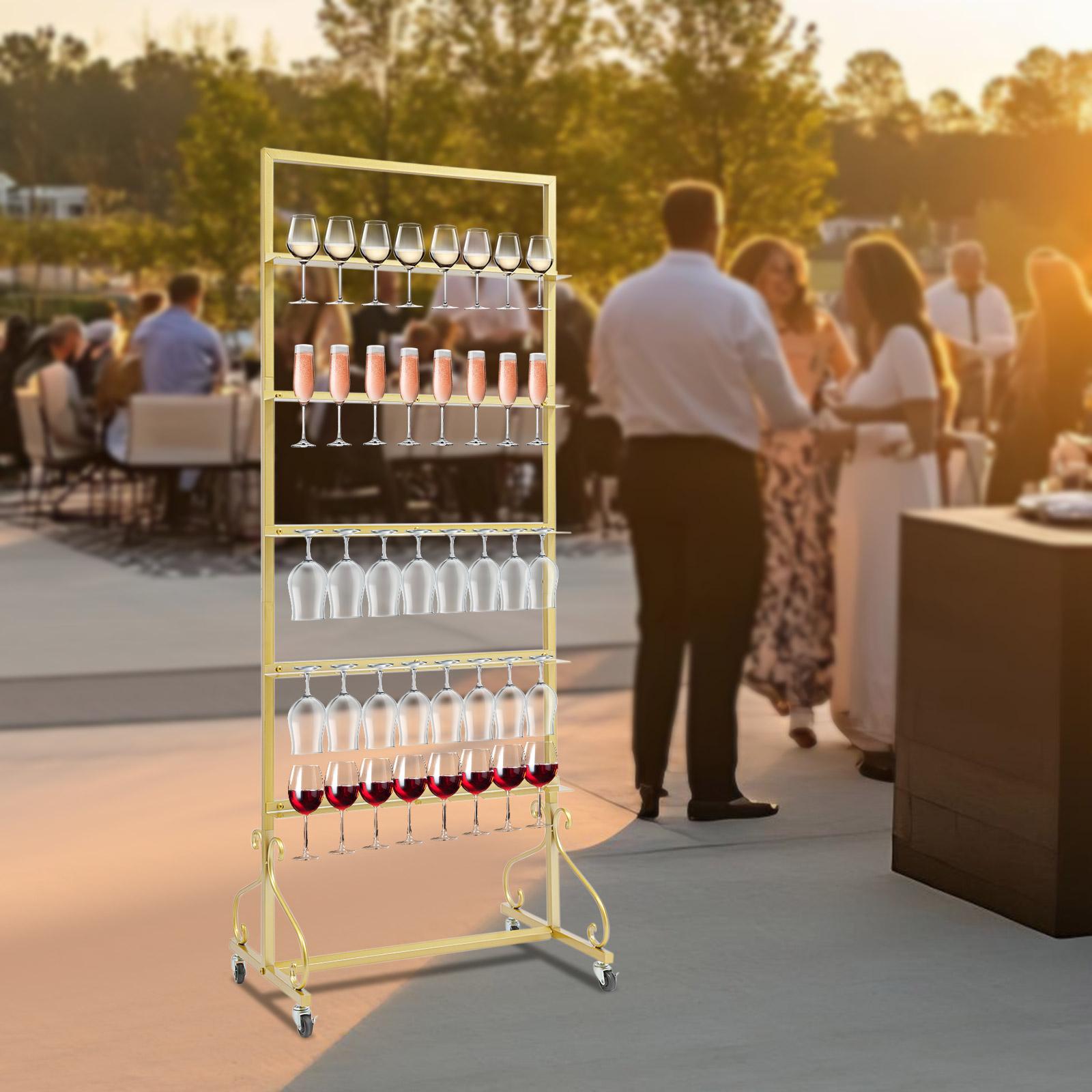 

5-Tier Champagne Glass Holder, Gold Wine Rack Shelf for 40 Glasses, Iron Display Stand with Wheels for Bar, Party, Home Decor золотой