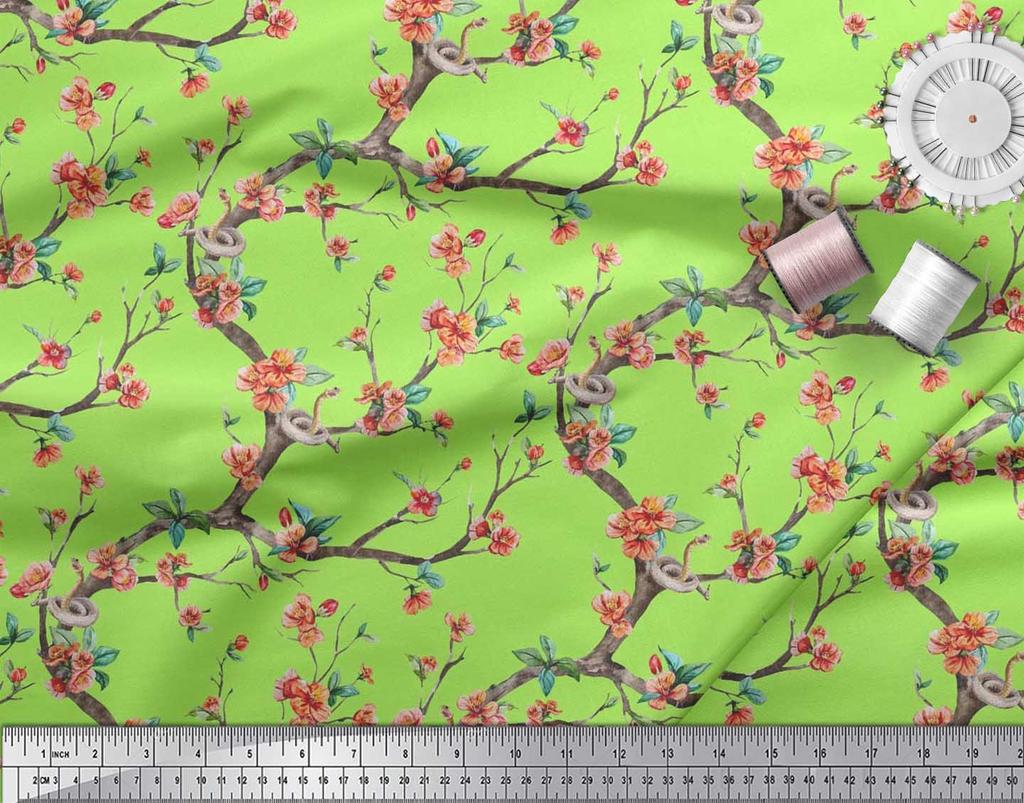 Soimoi Japonská krepová saténová látka Had, listy a květy, květinový potisk v metrech 42 palců