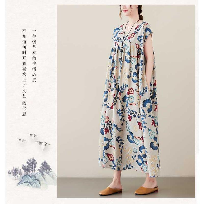 New Literary Retro Large Size Loose Thin Short-sleeved Long Dress Female
