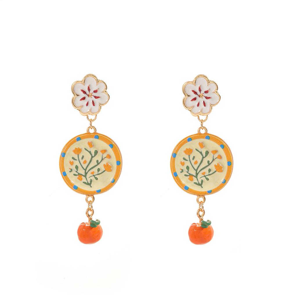 Summer Fresh and Cute Painted Flower Orange Pendant Pastoral Style Floral and Fruit Element Earrings
