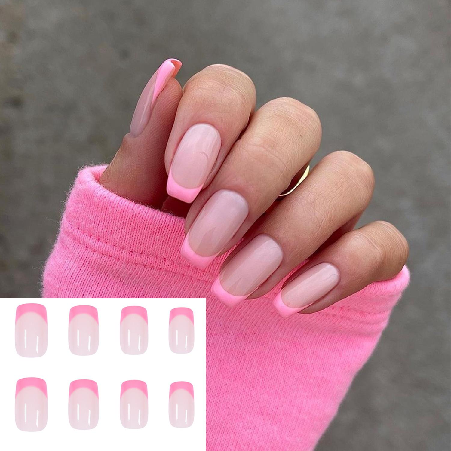 24 Stück Künstliche Nägel French Rosa – Kurz, Quadratisch, Mit Kleber, Für Frauen & Mädchen