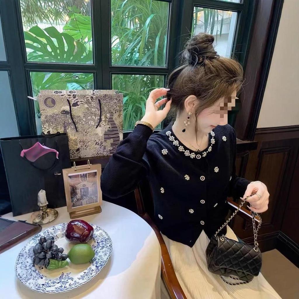 Knitted Long Sleeved Cardigan Women Slim Fit Soft Elastic Sweater Top Flower Beaded Elegant Black White Autumn Winter
