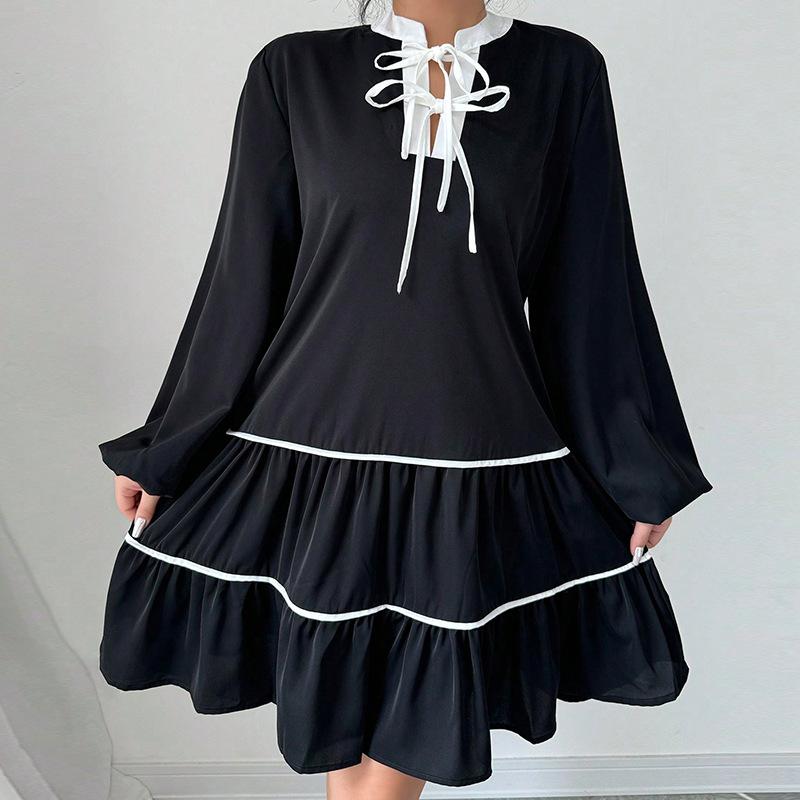 Spring Autumn Women's New Dress Fashion Temperament Color Block V-neck Lantern Sleeve Bow Loose High Waist A-line Short Dresses