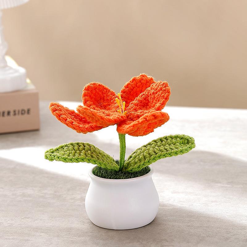 Knitting Tulip Flowers with Potted Cute Crochet Flower Fake Plant Party Gift Home Decor Tulip Woven Flower
