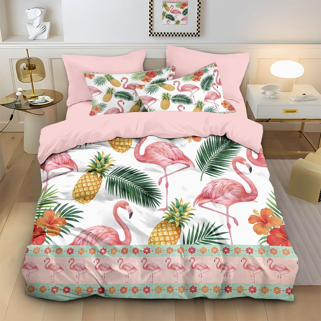 3pcs Flamingo Forest Animal Print Coreless Duvet Set, Multi Size Bedroom Bedding Decoration, Machine Washable