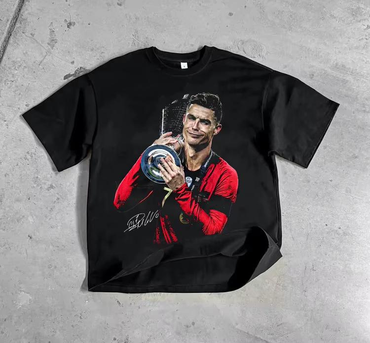 Unisexs Football Star Cristiano Ronaldo Pattern Letter Printed Round Neck Tshirt Street Hip Hop Neutral Loose Sports Short Sleeve