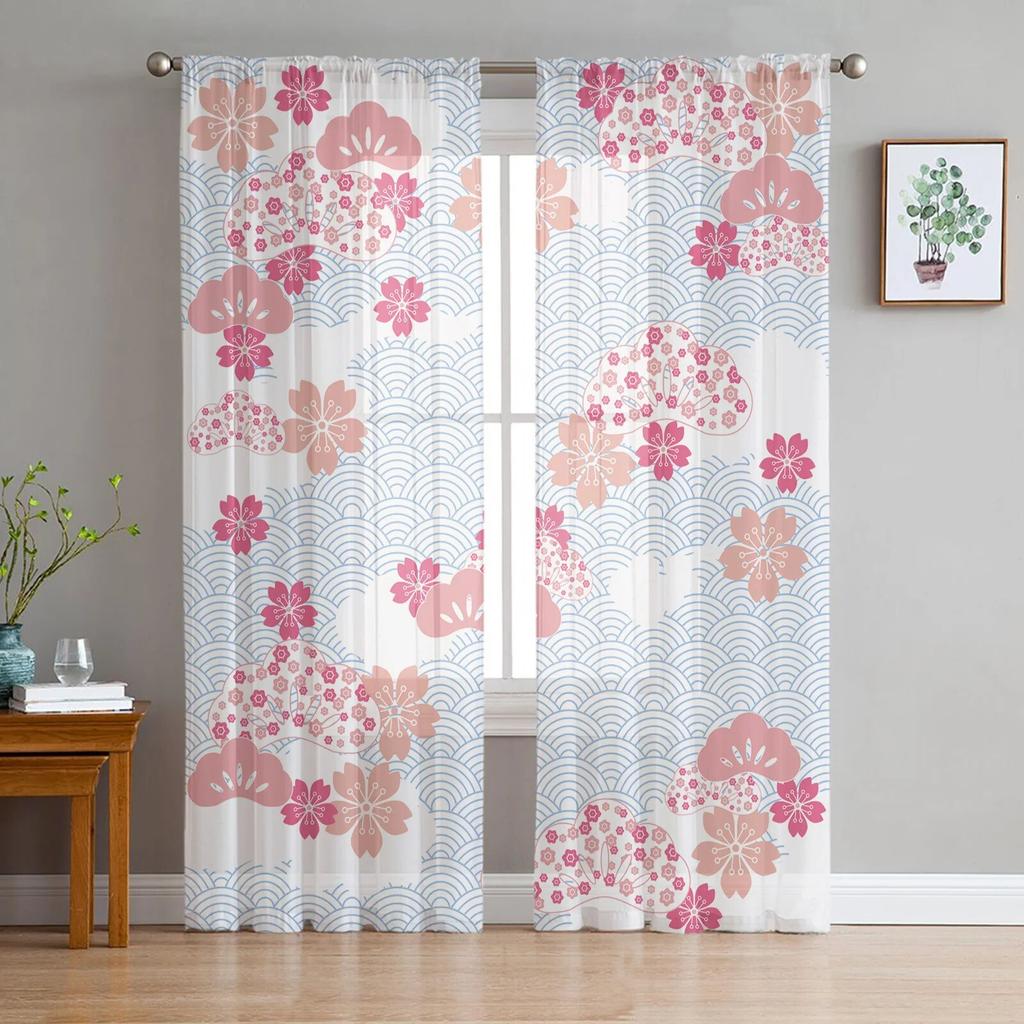 Motivo Giapponese Arte Floreale Tende da Finestra Soggiorno Tende in Tulle Decorazione Cucina Tenda Camera Bambini Trattamento Finestra
