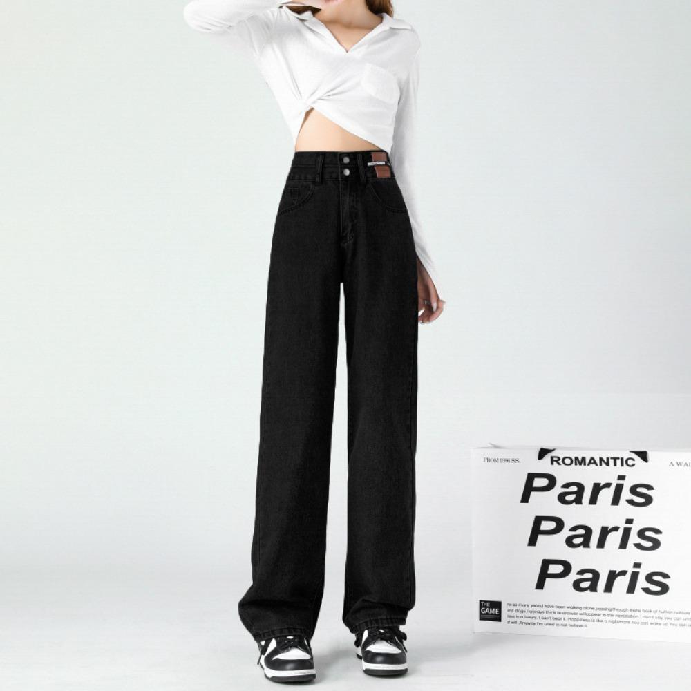 

Retro high-waisted jeans for women s small spring and autumn models, loose straight design, thin and tall wide-leg pants 2XL чёрный
